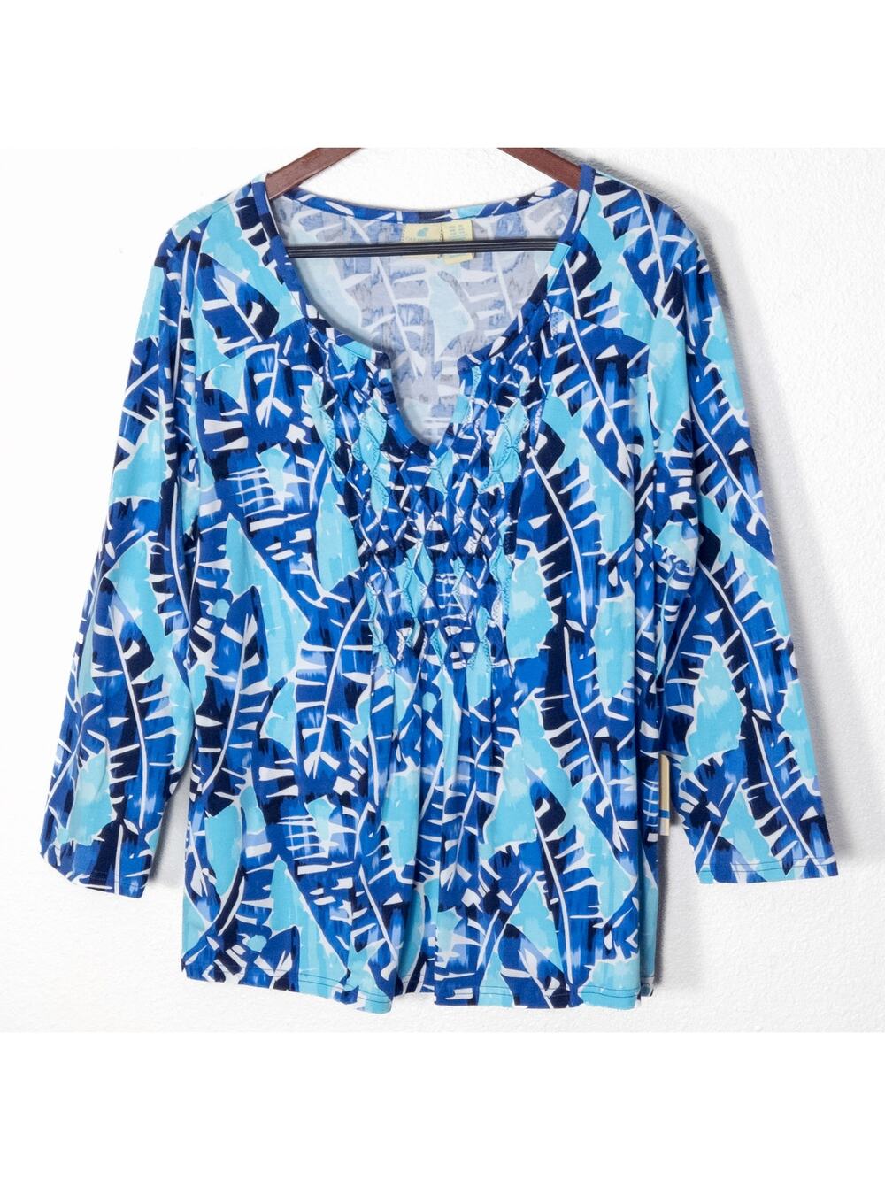 Caribbean Joe Top XL Blue Leaf Print Gathered Neck Coastal Relaxed Fit